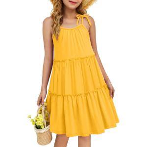 Arshiner Girl Summer Dresses Tween Boho Spaghetti Strap A-Line Swing Flowy Ruffle Tiered Sundress with Pockets(Yellow)