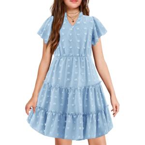 Arshiner Girls 2025 Summer Dresses Pom Poms Flutter Ruffle Sleeve Midi Polka Dot V Neck Dress with Pockets(Light Blue)