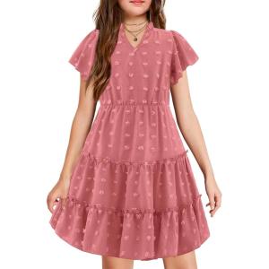 Arshiner Girls 2025 Summer Dresses Pom Poms Flutter Ruffle Sleeve Midi Polka Dot V Neck Dress with Pockets(Pink)