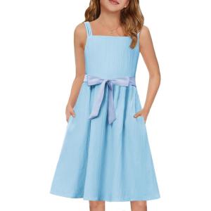 Arshiner Girls Cami Summer Sleeveless Bow Tie Casual Sundress with Pockets for 5-12 Y(Light Blue)