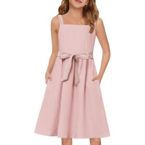 Arshiner Girls Cami Summer Sleeveless Bow Tie Casual Sundress with Pockets for 5-12 Y(Pink)