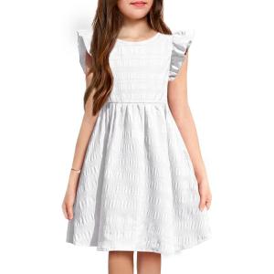 Arshiner Girls Dress Casual Ruffle Sleeveless A Line Summer Dresses with Pockets 4-12 Years(White)