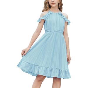 Arshiner Girls Dress Halter Neck Ruffle Sleeveless Formal Party Casual Summer Sundress for 5-14 Years(Light Bule)