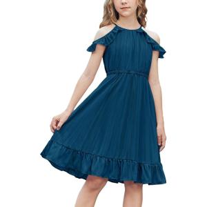 Arshiner Girls Dress Halter Neck Ruffle Sleeveless Formal Party Casual Summer Sundress for 5-14 Years(Navy Blue)