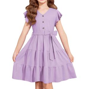 Arshiner Girls Dress Short Sleeve Summer V Neck Button Removable Belt Dresses with Pockets 5-12 Y(Light Purple)