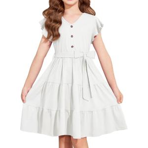 Arshiner Girls Dress Short Sleeve Summer V Neck Button Removable Belt Dresses with Pockets 5-12 Y(White)