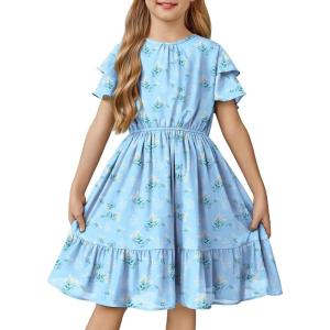 Arshiner Girls Dresses Formal Ruffle Sleeve Elegant Chiffon Party Pleated Casual Swing Dress with Pockets for 5-12 Years(Daisy Pattern)