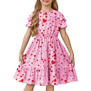 Arshiner Girls Dresses Formal Ruffle Sleeve Elegant Chiffon Party Pleated Casual Swing Dress with Pockets for 5-12 Years(Heart Pattern)