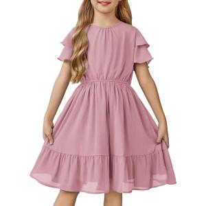 Arshiner Girls Dresses Formal Ruffle Sleeve Elegant Chiffon Party Pleated Casual Swing Dress with Pockets for 5-12 Years(Light Pink)