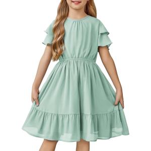 Arshiner Girls Dresses Formal Ruffle Sleeve Elegant Chiffon Party Pleated Casual Swing Dress with Pockets for 5-12 Years(Sage Green)