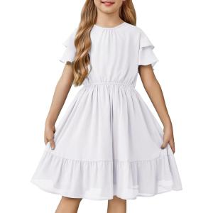 Arshiner Girls Dresses Formal Ruffle Sleeve Elegant Chiffon Party Pleated Casual Swing Dress with Pockets for 5-12 Years(White)