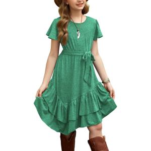 Arshiner Girls Dresses Loose Plain Casual Ruffle Swing Midi Dress with Belt for 5-14 Years(A-green)