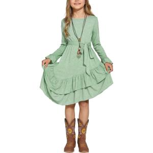 Arshiner Girls Dresses Loose Plain Casual Ruffle Swing Midi Dress with Belt for 5-14 Years(Green)