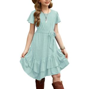 Arshiner Girls Dresses Loose Plain Casual Ruffle Swing Midi Dress with Belt for 5-14 Years(Light Aqua)