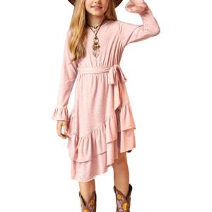 Arshiner Girls Dresses Loose Plain Casual Ruffle Swing Midi Dress with Belt for 5-14 Years(Pink)