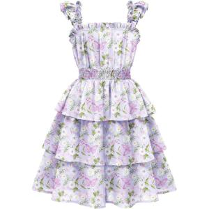 Arshiner Girls Dresses Ruffle Flutter Sleeve Summer Floral Tiered Casual Party Dress for 6-14 Y(Purple Butterfly)