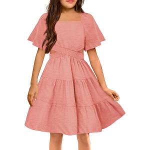 Arshiner Girls Dresses Square Neck Cut Out Shirred Party Cute Tween Dress(Coral Pink)