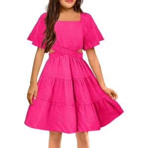Arshiner Girls Dresses Square Neck Cut Out Shirred Party Cute Tween Dress(Hot Pink)