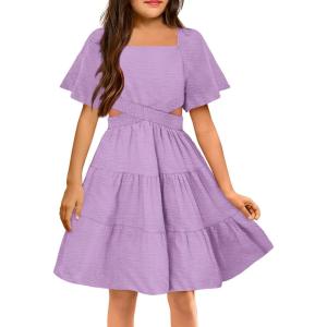 Arshiner Girls Dresses Square Neck Cut Out Shirred Party Cute Tween Dress(Lavender)