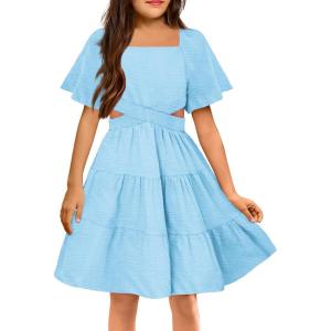 Arshiner Girls Dresses Square Neck Cut Out Shirred Party Cute Tween Dress(Light Blue)