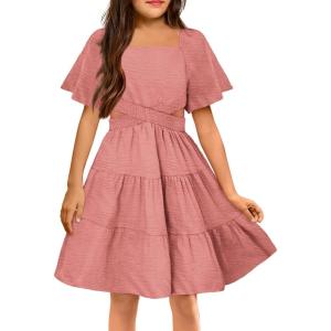 Arshiner Girls Dresses Square Neck Cut Out Shirred Party Cute Tween Dress(Pink)