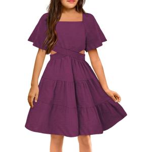 Arshiner Girls Dresses Square Neck Cut Out Shirred Party Cute Tween Dress(Purple)