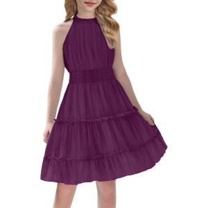 Arshiner Girls Halter Neck Sleeveless Dress Casual Flowy Smocked Cute Summer Dress for 5-12 Years(Dark Purple)