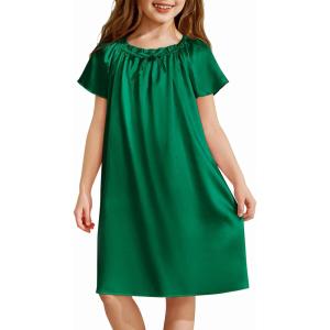 Arshiner Girls Nightgowns Silk Satin Pajama Dress Short Sleeve Soft Princess Sleepwear(Green)