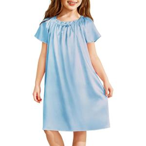 Arshiner Girls Nightgowns Silk Satin Pajama Dress Short Sleeve Soft Princess Sleepwear(Light Blue)
