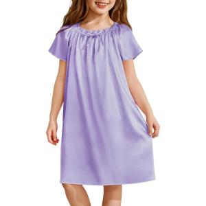 Arshiner Girls Nightgowns Silk Satin Pajama Dress Short Sleeve Soft Princess Sleepwear(Light Purple)