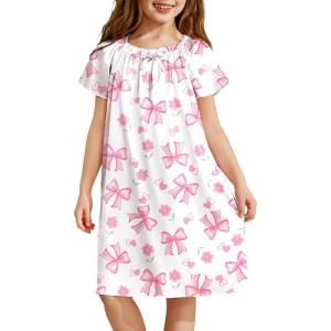 Arshiner Girls Nightgowns Silk Satin Pajama Dress Short Sleeve Soft Princess Sleepwear(Pink Bow)