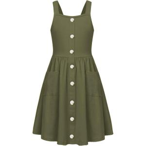 Arshiner Girl’s Spaghetti Strap Button Down Midi Sleeveless Summer Casual Sundress A-line Dress with Pockets(Armygreen)