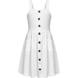 Arshiner Girl’s Spaghetti Strap Button Down Midi Sleeveless Summer Casual Sundress A-line Dress with Pockets(A-white)