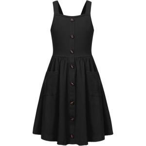 Arshiner Girl’s Spaghetti Strap Button Down Midi Sleeveless Summer Casual Sundress A-line Dress with Pockets(Black)