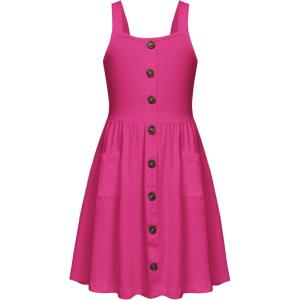 Arshiner Girl’s Spaghetti Strap Button Down Midi Sleeveless Summer Casual Sundress A-line Dress with Pockets(Hot Pink)
