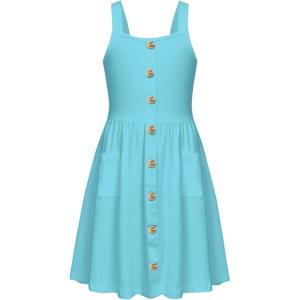 Arshiner Girl’s Spaghetti Strap Button Down Midi Sleeveless Summer Casual Sundress A-line Dress with Pockets(Light Blue)