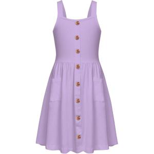 Arshiner Girl’s Spaghetti Strap Button Down Midi Sleeveless Summer Casual Sundress A-line Dress with Pockets(Lilac)