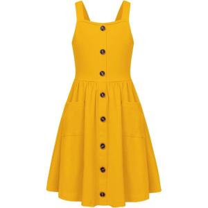Arshiner Girl’s Spaghetti Strap Button Down Midi Sleeveless Summer Casual Sundress A-line Dress with Pockets(Mustard)