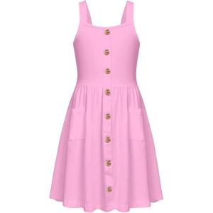 Arshiner Girl’s Spaghetti Strap Button Down Midi Sleeveless Summer Casual Sundress A-line Dress with Pockets(Pink)