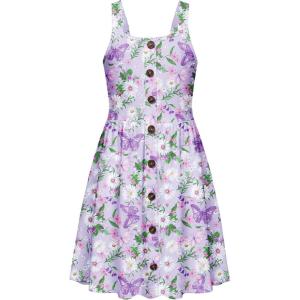 Arshiner Girl’s Spaghetti Strap Button Down Midi Sleeveless Summer Casual Sundress A-line Dress with Pockets(Purple Butterfly)