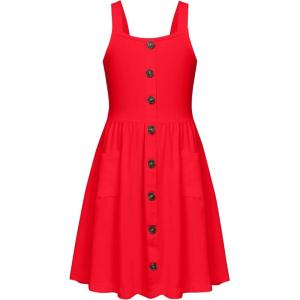 Arshiner Girl’s Spaghetti Strap Button Down Midi Sleeveless Summer Casual Sundress A-line Dress with Pockets(Solid Red)