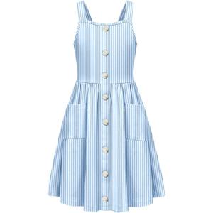 Arshiner Girl’s Spaghetti Strap Button Down Midi Sleeveless Summer Casual Sundress A-line Dress with Pockets(White&blue Strip)