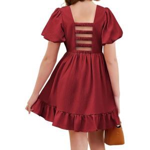 Arshiner Girls Summer Cut-Out Back A-Line Dress Puff Sleeves Square Neckline Flounce Hem Dresses(Burgundy)