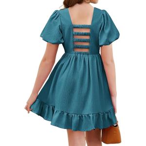 Arshiner Girls Summer Cut-Out Back A-Line Dress Puff Sleeves Square Neckline Flounce Hem Dresses(Peacock Blue)