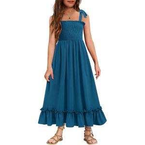 Arshiner Girls Summer Dress Boho Beach Casual Smocked Maxi Dresses 6-13 Years(Dark Blue)