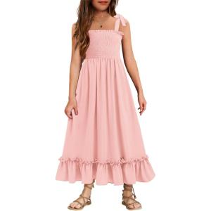 Arshiner Girls Summer Dress Boho Beach Casual Smocked Maxi Dresses 6-13 Years(Pink)