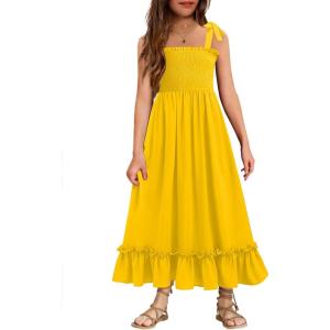 Arshiner Girls Summer Dress Boho Beach Casual Smocked Maxi Dresses 6-13 Years(Yellow)