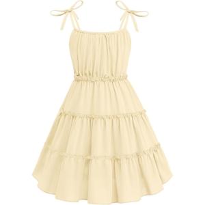Arshiner Girls’ Summer Sundress Boho Spaghetti Strap Ruffled Tiered Dresses Casual Midi Cami Dress(Beige)
