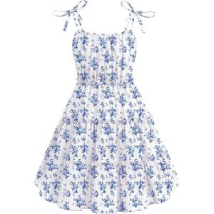Arshiner Girls’ Summer Sundress Boho Spaghetti Strap Ruffled Tiered Dresses Casual Midi Cami Dress(Blue-floral)