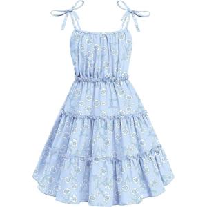 Arshiner Girls’ Summer Sundress Boho Spaghetti Strap Ruffled Tiered Dresses Casual Midi Cami Dress(Blue-flower)